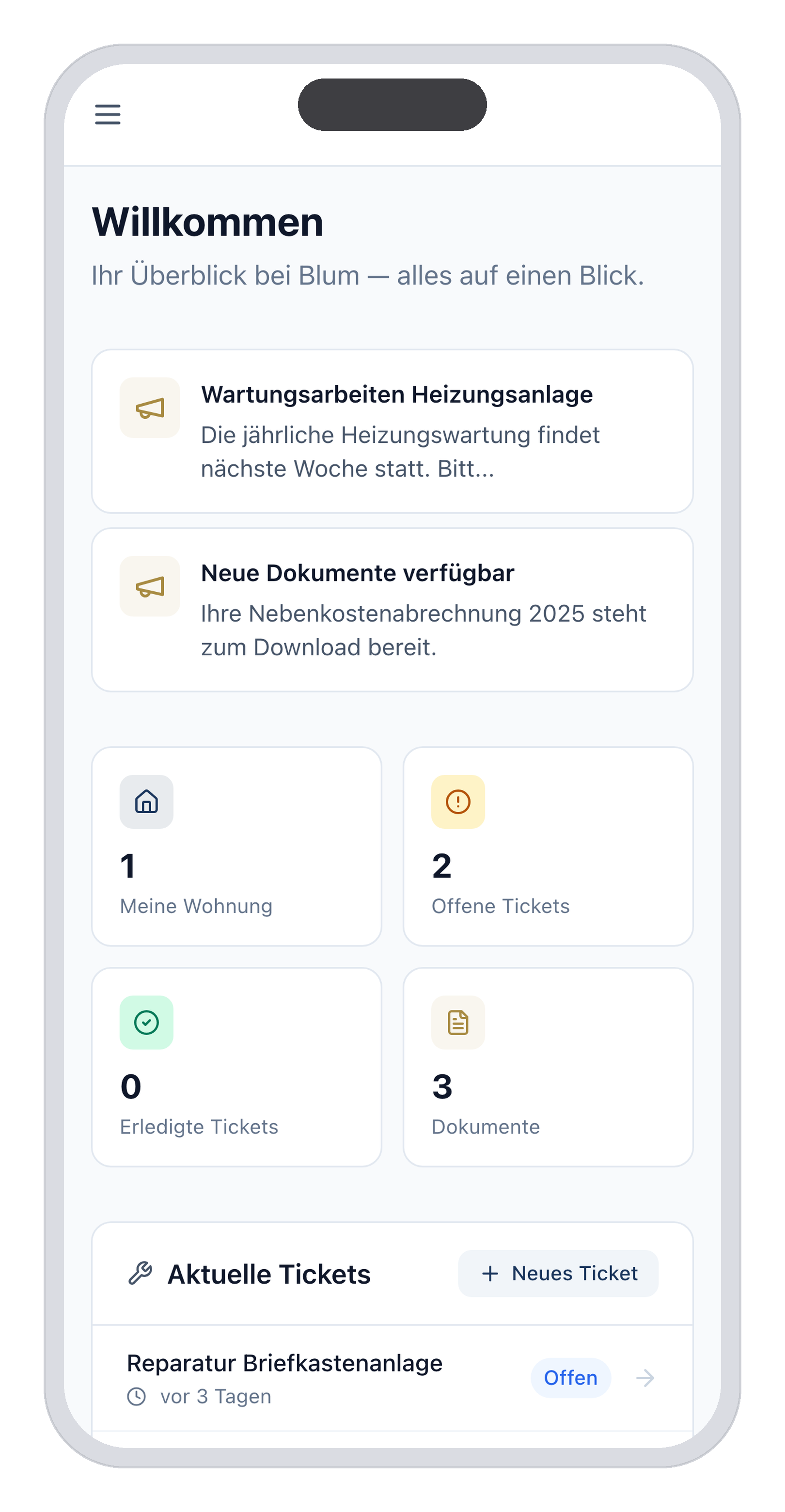 Blum Service Portal auf dem iPhone — Dashboard mit Tickets, Dokumenten und Nachrichten